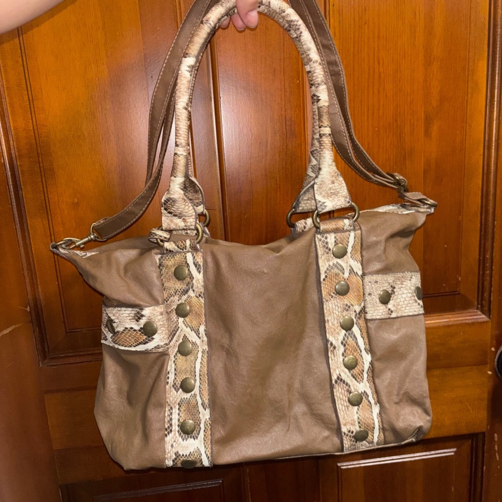 Vintage Y2K XOXO Brown Faux Snakeskin Studded Satchel Shoulder Bag Purse